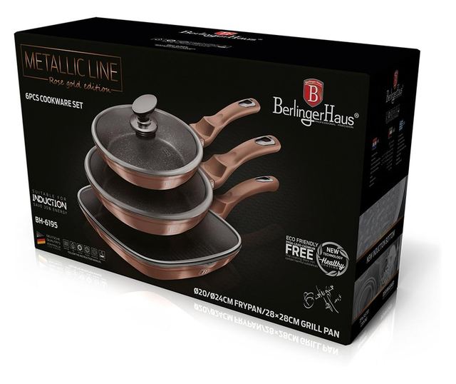 Σετ 3 μαρμάρινες τηγάνια με καπάκι Rose Gold Berlinger Haus BH 6195