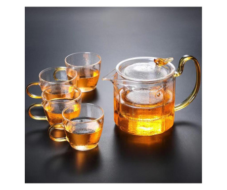 Set ceai din sticla borosilicata, ceainic cu infuzor si 4 cani
