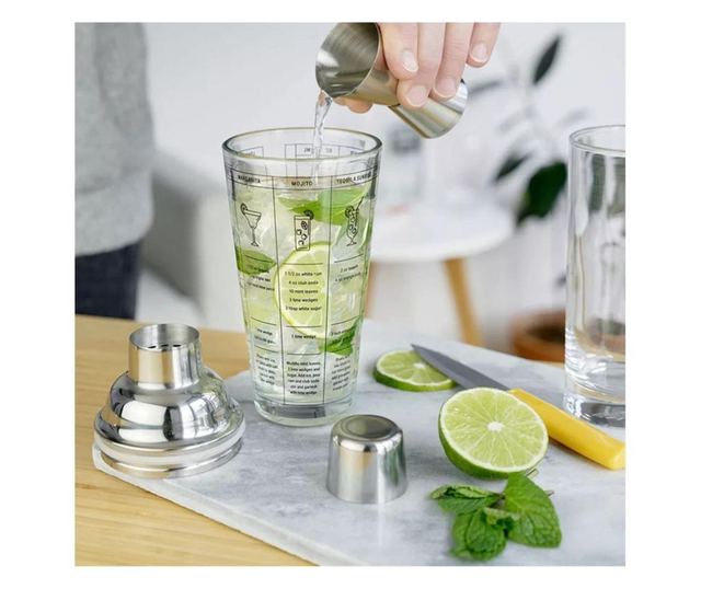 Shaker pentru Cocktail cu retete, Sticla si Otel inoxidabil, 400 ml
