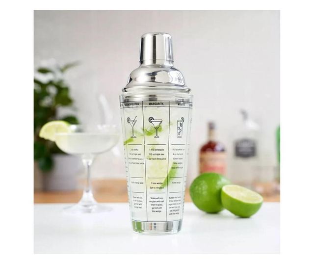 Shaker pentru Cocktail cu retete, Sticla si Otel inoxidabil, 400 ml