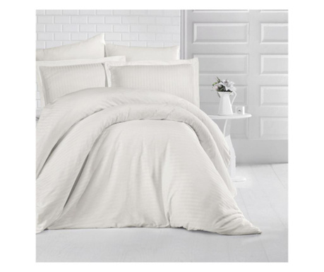 Lenjerie de pat pentru o persoana cu husa elastic pat si fata perna dreptunghiulara, Elegance, damasc, dunga 1 cm 130 g/mp, Crem