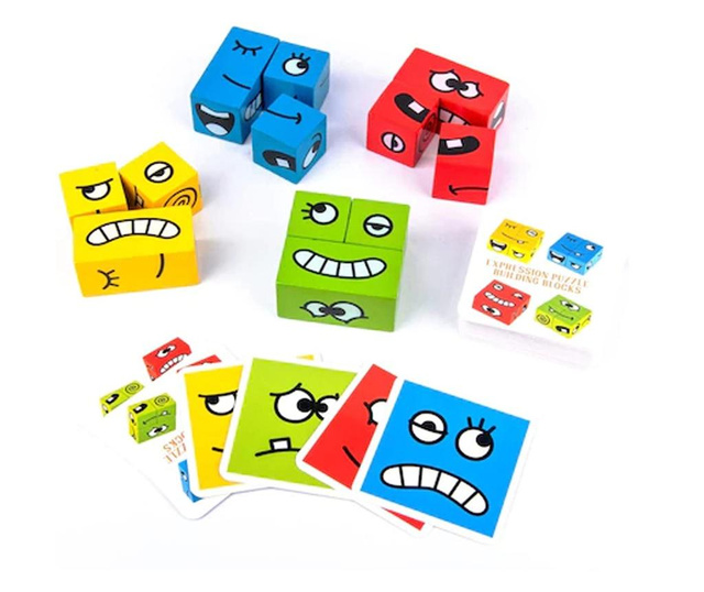 Joc Montessori si Puzzle cuburi - Exprimarea emotiilor, din lemn