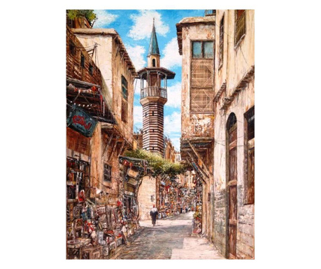 Tablou cu rama de lemn GM059, Strada veche din Damas, dupa Ayman Bitar, Pictura cu Diamante, Goblen cu pietre 5D, 40 x 50 cm