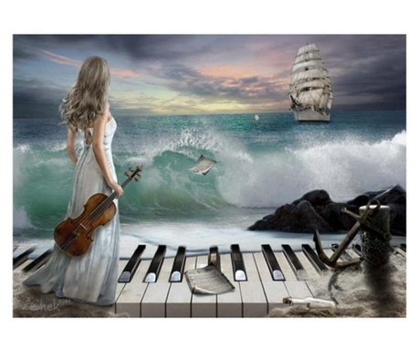 Tablou cu rama de lemn GM034, Muzica sufletului - Fata cu vioara, Pictura cu Diamante, Goblen cu pietre 5D, 40 x 50 cm
