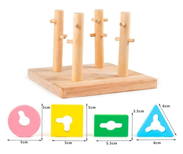Joc Montessori de indemanare cu 4 Coloane Sortatoare De Forme, Din Lemn
