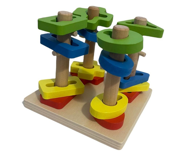 Joc Montessori de indemanare cu 4 Coloane Sortatoare De Forme, Din Lemn