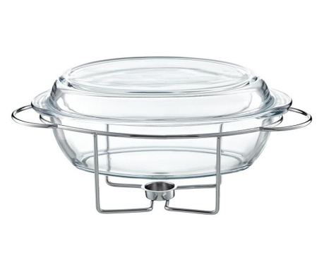 Vas termorezistent cu incalzitor 4.5L, suport argintiu, chafing dish cu lumanare, AMBITION Saule