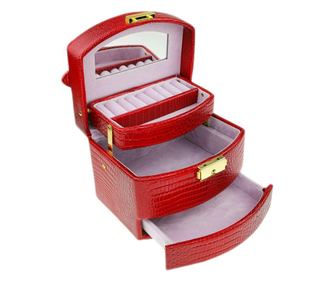 Caseta pentru bijuterii cu sertar, oglinda si maner, culoare rosu