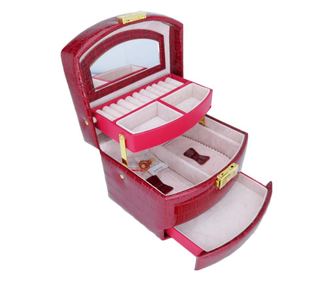 Cutie de bijuterii secret love din piele ecologica tip croco, eleganta, stil cufar, contine cheie, culoare rosie, 15 cm, Doty