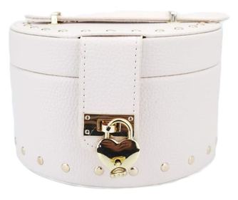 Cutie de bijuterii din piele ecologica, eleganta, ovala, stil cufar, contine lacat si cheie, culoare crem, Doty