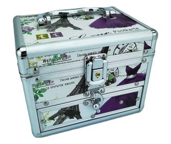 Caseta de bijuterii cu sertar, oglinda si maner, imprimeu paris, aluminiu, 17cm, Doty