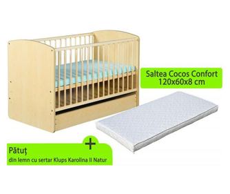 Patut cu sertar Klups Karolina II natur + saltea 8 MyKids confort II