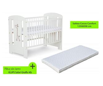 Patut fara sertar Klups safari giraffe alb + saltea 8 cocos confort II