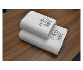 Set 2 prosoape baie brodate alb cu broderie argintiu, coroana, bumbac 100% Royal Home