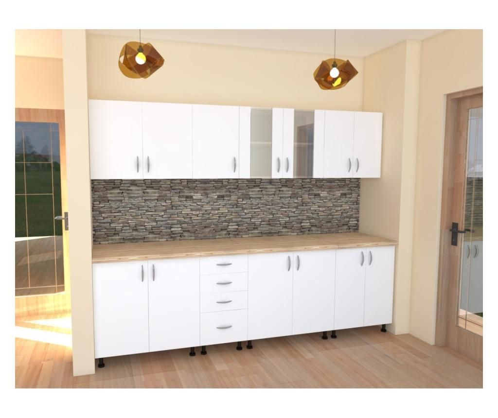 Alfa 260 cm Kitchen, white chipboard with thermoinsulated countertop, maple imitation