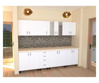Bucatarie Alfa 260 cm din pal alb cu blat termoizolant, imitatie travertin