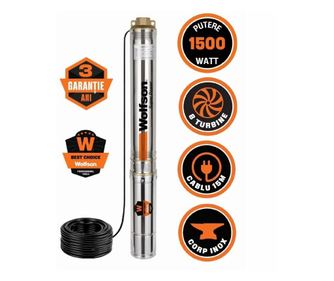 Pompa submersibila apa curata 1100W, WOLFSON® PM-1500-8, 8 turbine, cablu 25m, 6600L/h, inaltime max pompare 58m, diametru 100mm