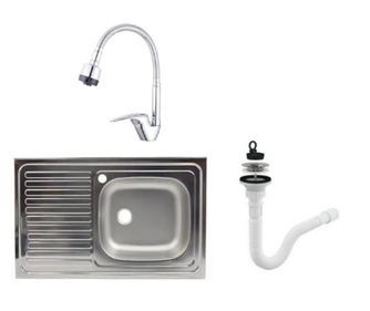 Set chiuveta masca, inox,cuva dreapta, Raulconstruct, 80x50 cm,baterie lebada flexibila cu sifon de scurgere