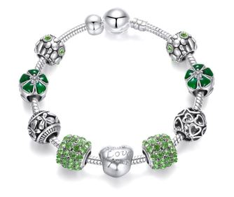 Bratara charm, Hovanci, din alama placata cu argint, dimeniune 18 cm, culoare verde, model WMSL0403