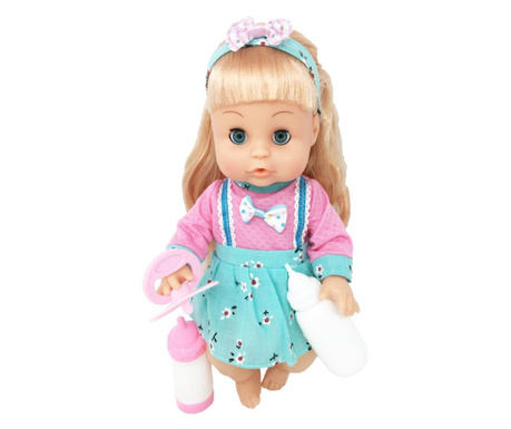 Papusa bebelus sweet baby doll cu accesorii, sunete, care bea si elimina lichidele, roz/verde