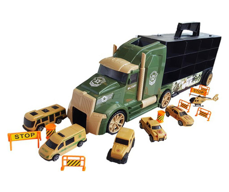 Tir modern cu masinute, elicopter si obstacole incluse pentru copii 55 cm verde salamandra kids