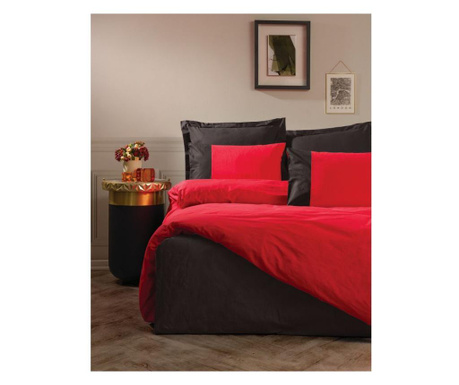 Lenjerie de pat Double Cotton Box, Plain, bumbac ranforce, rosu/negru, 220x200x1 cm