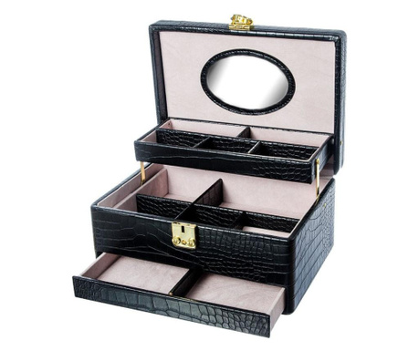 Cutie bijuterii cu 3 niveluri, oglinda, si maner, imprimeu sarpe, culoare negru - Vivre