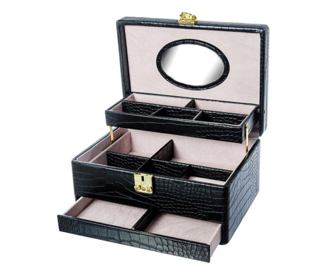Cutie de bijuterii black moon, din piele ecologica tip croco, 3 niveluri, eleganta, compartimentata, contine oglinda interioara