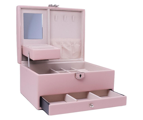Cutie de bijuterii rose bijoux, din piele ecologica, eleganta, cu sertar, 23cm, cu cheita si oglinda, roz pudra, Doty
