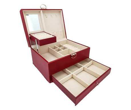 Cutie de bijuterii din piele ecologica, eleganta, cu sertar, 23 cm, rosu, Doty