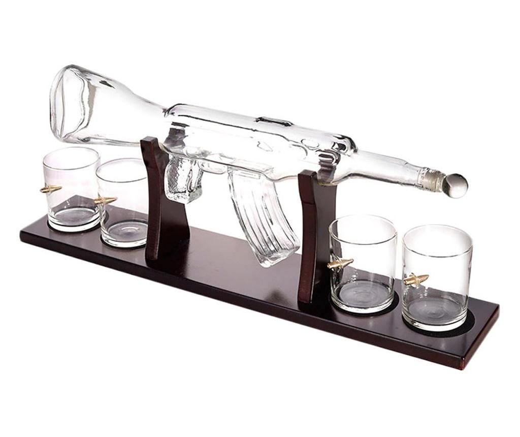 Set decantor shotgun ak47, forma pusca, 4 pahare incluse, suport lemn, 800 ml, maro, Doty - 2