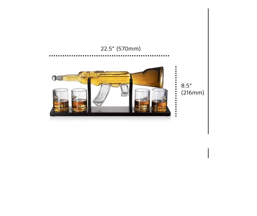 Set decantor shotgun ak47, forma pusca, 4 pahare incluse, suport lemn, 800 ml, maro, Doty - 5