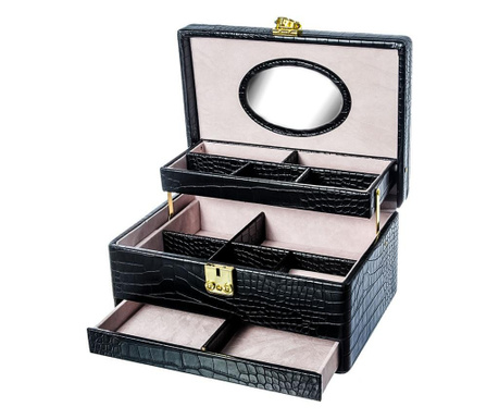 Cutie bijuterii cu 3 niveluri, cu oglinda, culoare neagru, imprimeu piele sarpe, 26 cm
