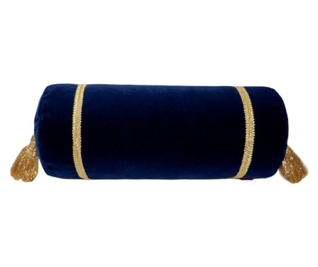 Perna decorativa cilindrica bleumarin inchis din catifea si auriu 50 cm x 22 cm zalnok