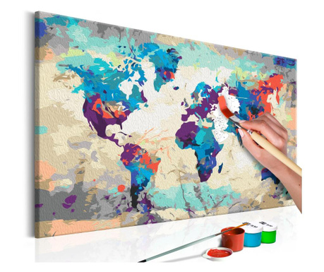 Pictura pe numere - Harta mondiala albastru si rosu - 60 x 40 cm