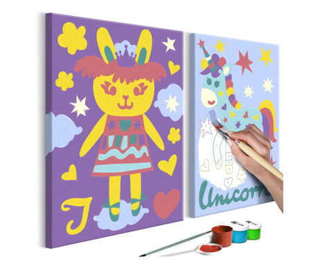 Pictura pe numere - Iepure si unicorn, set 2 piese - 33 x 23 cm