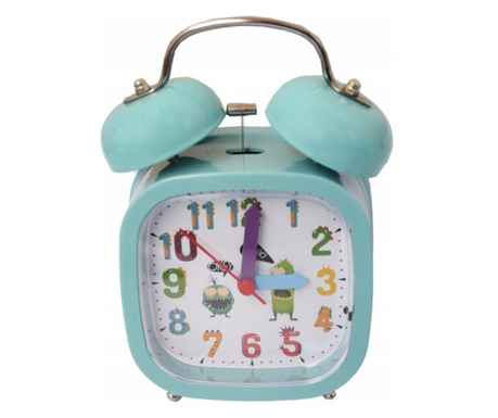 Ceas de masa desteptator pentru copii Pufo Monster, cu buton de iluminare cadran, 15 cm, patrat, verde