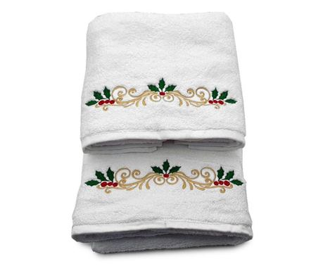 Set 2 prosoape baie brodate alb cu broderie craciun 2, bumbac 100% Royal Home