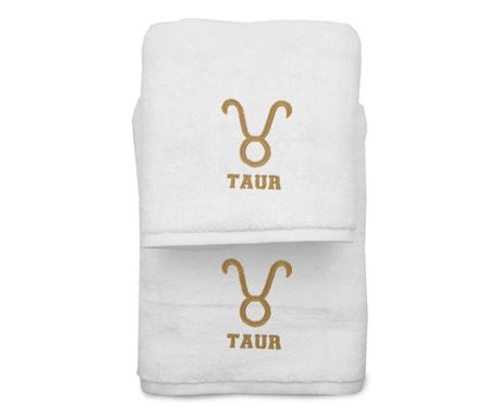 Set 2 prosoape baie brodate alb cu broderie taur, bumbac 100% Royal Home