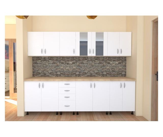 Bucatarie Alfa 260 cm din pal alb cu blat termoizolant, imitatie artar