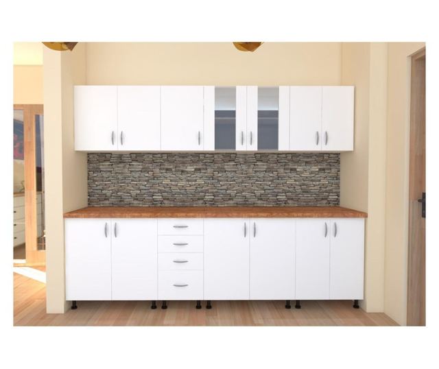 Bucatarie Alfa 260 cm din pal alb cu blat termoizolant, imitatie cires