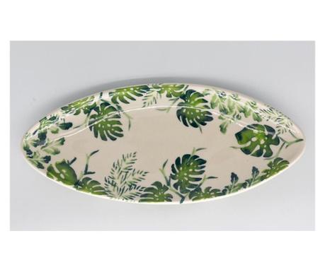 Platou oval pentru servire green leaves, ceramica, pigmenti si glazura ecologice smaltuita, pictat manual, 11 x 25cm