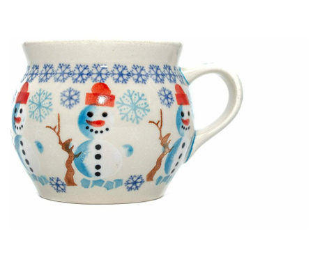 Cana ceramica, pigmenti si glazura ecologice smaltuita pentru ceai / cafea / vin fiert snowman dance, in forma de "balon", picta