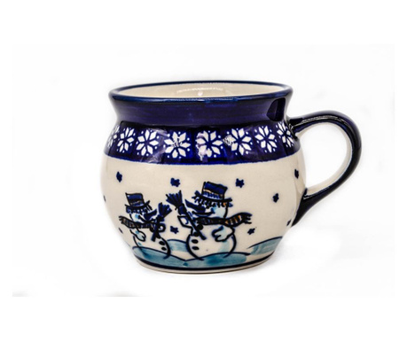 Cana pentru cafea/ceai/vin fiert snowman pair in forma de "balon", ceramica, pigmenti si glazura ecologice smaltuita, pictata ma