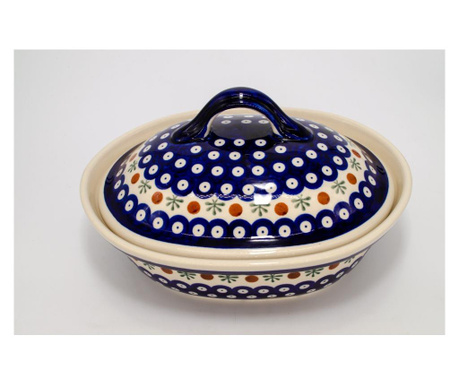 Vas oval cu capac pentru cuptor blue eyes festive, ceramica, pigmenti si glazura ecologice smaltuita, pictat manual, 22 x 26 cm