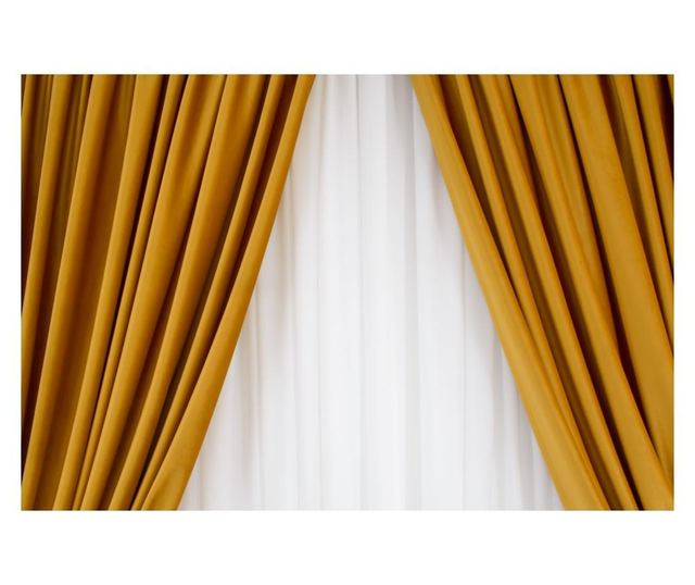 Set od 2 baršunastih zavjesa, senf žute boje, s trakom, poluprozirne, 140x250 cm