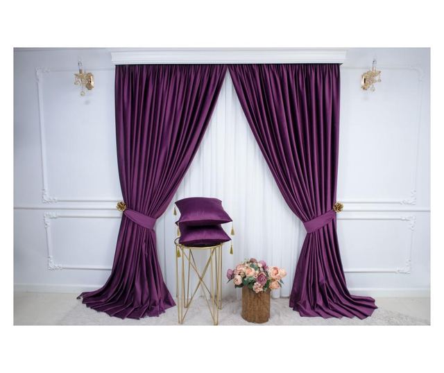 Set od 2 baršunastih zavjesa, šljive boje, s trakom, poluprozirne, 140x250 cm