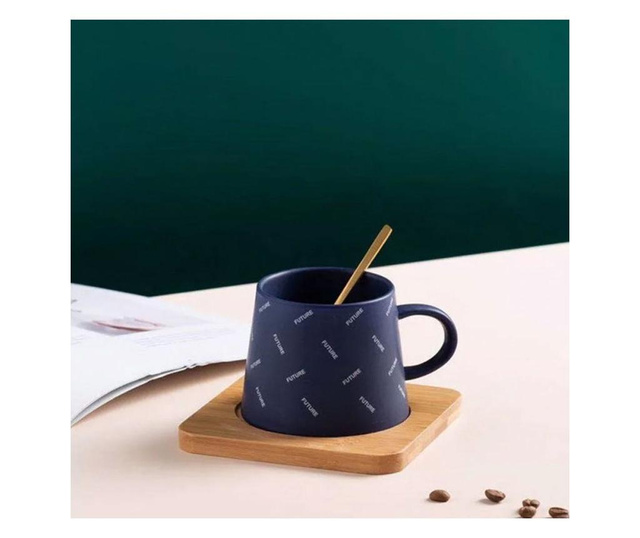 Cana ceramica cu suport din lemn si lingurita Pufo future pentru cafea sau ceai, 220 ml, albastru