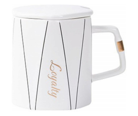 Чаша Pufo Loyalty с керамичен капак и чаена лъжичка за кафе или чай, 320 ml, бяла