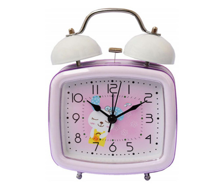 Ceas de masa desteptator pentru copii Pufo Joy, cu buton de iluminare cadran, 16 cm, model Happy Bunny, patrat